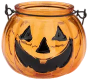 Orange glasbeholder formet som et græskar med sort græskarmaske, metalhank og bred åbning. Perfekt til Halloween dekoration eller slikskål.