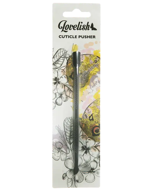 Pakket Lovelish neglebåndsskubber med tekstureret metalhåndtag og vinklet spids på blomsterprintet bagkort.