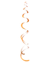 Orange spiralhængende båndstreamer med bølget, krøllet design vist lodret på sort baggrund.