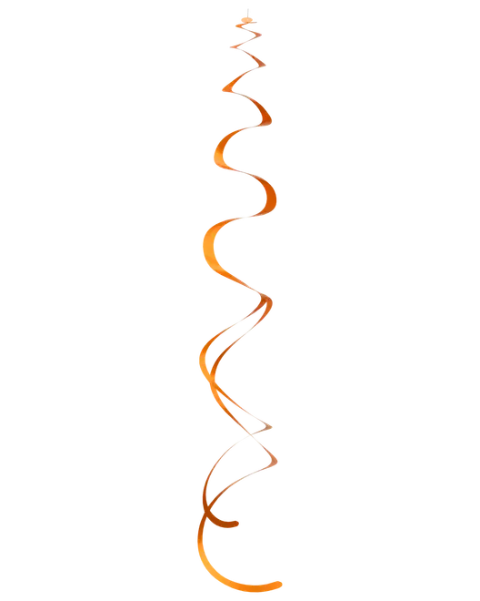 Orange spiralhængende båndstreamer med bølget, krøllet design vist lodret på sort baggrund.