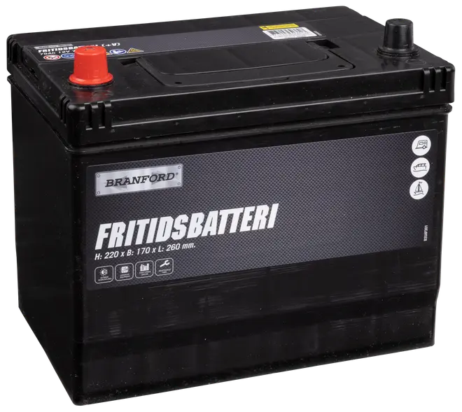 Branford fritidsbatteri, sort rektangulært design, mærket "FRITIDSBATTERI". Mål: 220 x 170 x 260 mm. Røde og sorte terminaler, egnet til både, campingvogne og camping.