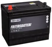 Branford fritidsbatteri, sort rektangulært design, mærket "FRITIDSBATTERI". Mål: 220 x 170 x 260 mm. Røde og sorte terminaler, egnet til både, campingvogne og camping.