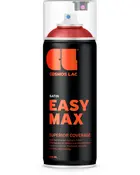 Sort spraydåse, 400 ml, mærket 'Cosmos Lac Easy Max'. Satin finish, overlegen dækkeevne, drypfri teknologi, designet til maksimal ydeevne og premium resultater.