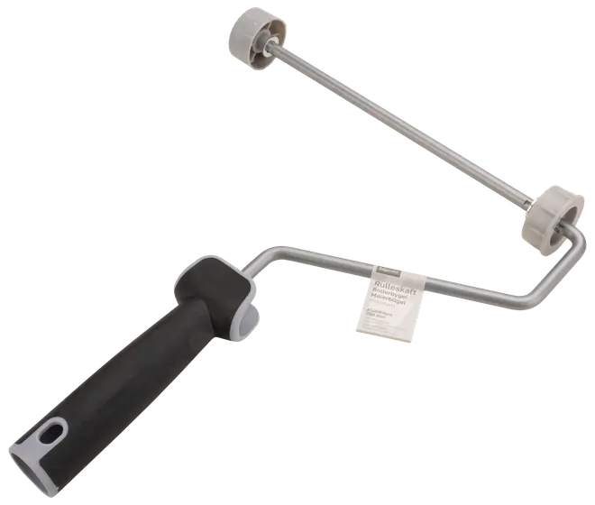 Malerrulleholder med ergonomisk sort håndtag, metalstang og to grå endekapper. Til montering af malerruller, velegnet til maling af vægge og lofter.