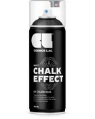 Sort spraydåse, 400 ml, mærket 'Cosmos Lac Matt Chalk Effect.' Kulfarve, ideel til møbler, hurtigtørrende akrylformel, ekstra dyse til store flader, drypfri teknologi.