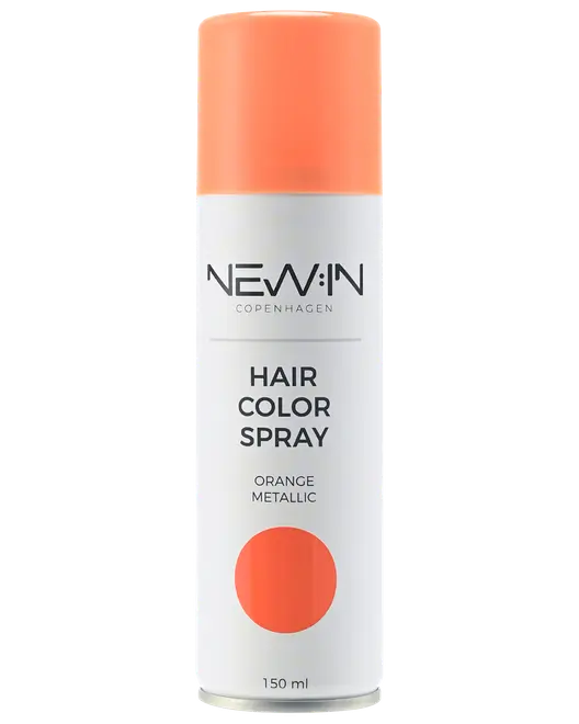Hvid aerosolflaske med NEW:IN Copenhagen hårfarvespray i orange metallic, 150 ml, med orange låg og farveprøve.