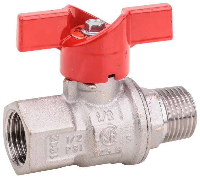 Metallkulventil med rött vinghandtag, 1/2 tum, invändiga och utvändiga gängor, passar för vatten- eller gasrör, korrosionsbeständig och hållbar konstruktion.