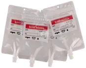 Fyra genomskinliga plastpåsar formade som blodpåsar, med "Blood Infusion"-etikett, skrivfält för namn, ålder, blodtyp och en kapacitet på 300 ml.