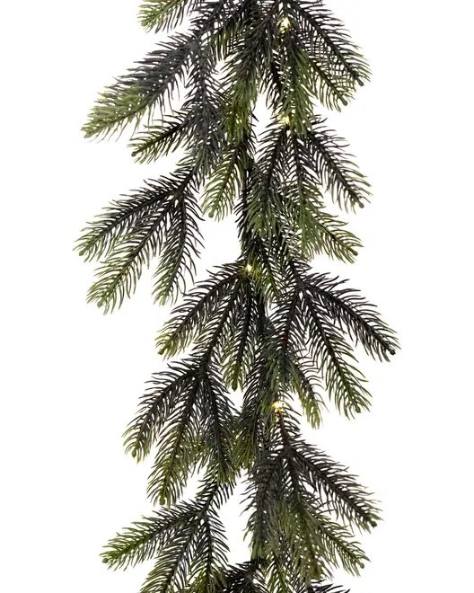 Kunstig fyrrekogle-guirlande med naturtro grønne nåle, tætte grene og diskrete indbyggede LED-lys. Perfekt til jule- eller boligdekoration. Fleksibel og genanvendelig.