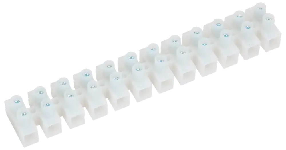 Hvid plastik klemrække med 12 skrueklemmer til elektriske ledningsforbindelser. Hver klemme har en metalskrue til fastgørelse af ledninger, velegnet til elinstallationer.