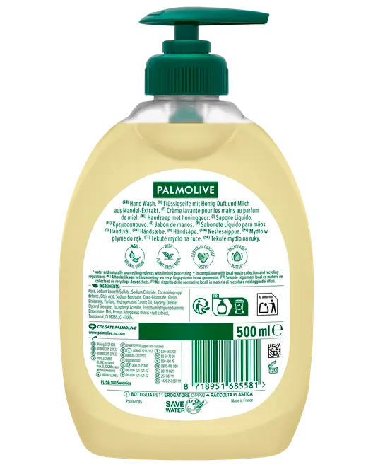 Palmolive flytande handtvål, 500 ml flaska med grön pump, etikett med produktinformation, ingredienser och återvinningssymboler. Passar för daglig handtvätt, honung- och mandeldoft.