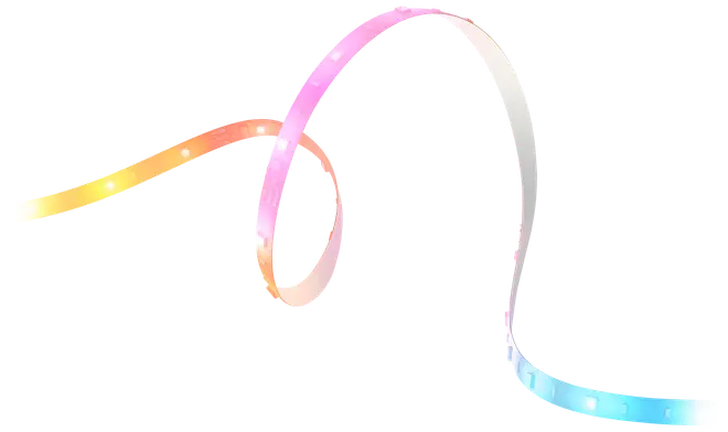 Buet, iriserende bånd med farvegradient fra gul, pink, hvid til blå. Båndet har en skinnende, reflekterende overflade og en glat, bølgende form.