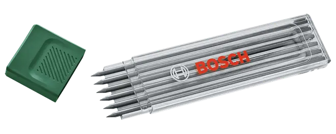 Bosch metallsvetspinnar i ett transparent plastetui med grön ändkåpa.
