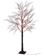 Kunstigt træ med nøgne grene og indbyggede orange LED-lys. Står på en firkantet base med synlig ledning. Perfekt til dekorativ indendørs brug, især til Halloween.