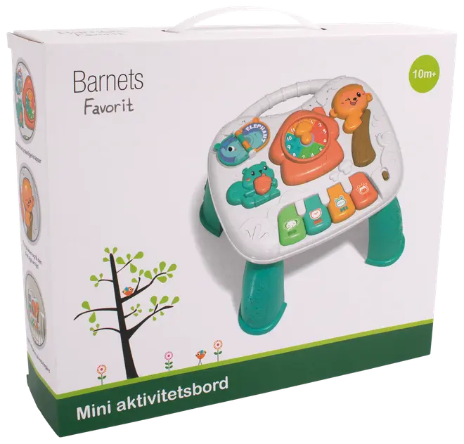 Mini aktivitetsbord til børn fra 10 måneder, med farverige knapper, dyrefigurer, ur og solide grønne ben. Stimulerer sanseleg og motorisk udvikling.