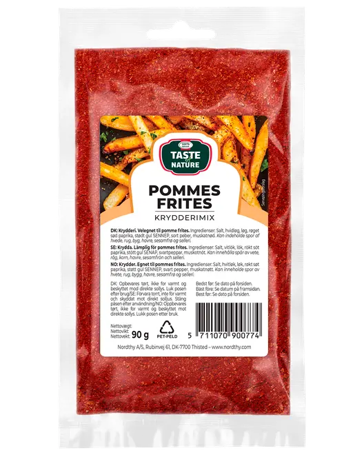 90g påse Taste Nature Pommes Frites kryddmix, röd kryddblandning för pommes frites. Återförslutningsbar plastpåse med etikett, ingredienser och instruktioner. Passar till potatisrätter.