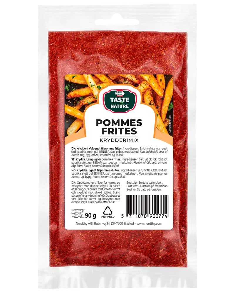 90g påse Taste Nature Pommes Frites kryddmix, röd kryddblandning för pommes frites. Återförslutningsbar plastpåse med etikett, ingredienser och instruktioner. Passar till potatisrätter.