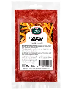 90g påse Taste Nature Pommes Frites kryddmix, röd kryddblandning för pommes frites. Återförslutningsbar plastpåse med etikett, ingredienser och instruktioner. Passar till potatisrätter.
