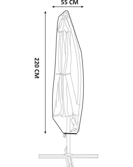 Linjeteckning av ett stängt parasoll med mått: 220 cm högt och 55 cm brett. Har knytband runt tyget och kryssformad fot.