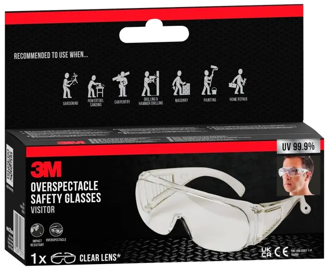 Klarlinset overspektakel sikkerhedsbrille, slagfast og designet til at passe over almindelige briller. Giver 99,9% UV-beskyttelse. Velegnet til havearbejde, tømrerarbejde, slibning, maling og reparation.