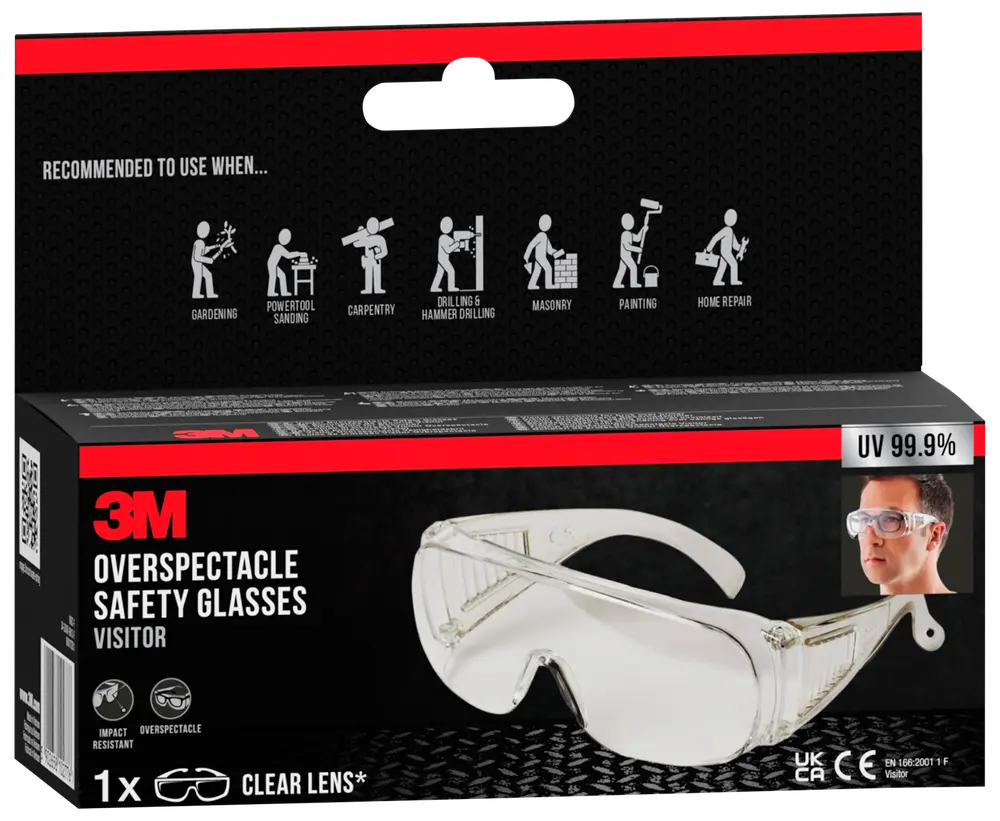 Klarlinset overspektakel sikkerhedsbrille, slagfast og designet til at passe over almindelige briller. Giver 99,9% UV-beskyttelse. Velegnet til havearbejde, tømrerarbejde, slibning, maling og reparation.