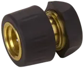 Messing haveslangeforbinder med sort plastgreb, gevinddesign for sikker fastgørelse til slanger eller haner. Holdbar, korrosionsbestandig og nem at stramme med hånden.