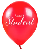 Rød ballon med hvid tekst 'ÅRETS Student' i elegant skrifttype, velegnet til studenterfejring. Skinnende overflade, rund form, bundet forneden.