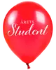 Rød ballon med hvid tekst 'ÅRETS Student' i elegant skrifttype, velegnet til studenterfejring. Skinnende overflade, rund form, bundet forneden.