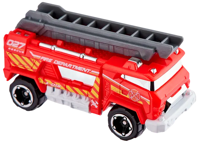 Röd leksaksbrandbil med gula ränder, svarta hjul och grå stege på taket. Har brandkårsdekaler och realistiska detaljer, passar för lek eller samlare.