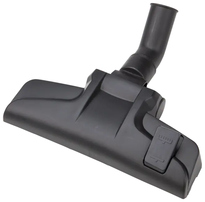 Svart golvmunstycke i plast till dammsugare med justerbar borste, brett rektangulärt huvud och vinklad anslutning. Passar för mattor och hårda golv.