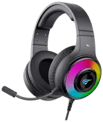 Over-ear gaming headset med polstrede ørepuder, justerbart hovedbånd, indbygget mikrofon og farverig RGB LED-belysning på ørekopperne. Kablet forbindelse for god lyd.