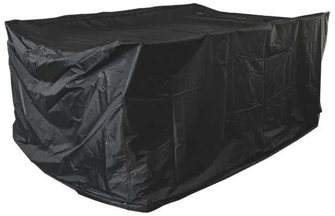 Svart rektangulärt överdrag för utemöbler i vattentätt, slitstarkt material. Skyddar bord och stolar mot regn, damm och sol. Förstärkta sömmar och lös passform.