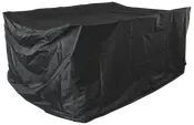 Svart rektangulärt överdrag för utemöbler i vattentätt, slitstarkt material. Skyddar bord och stolar mot regn, damm och sol. Förstärkta sömmar och lös passform.