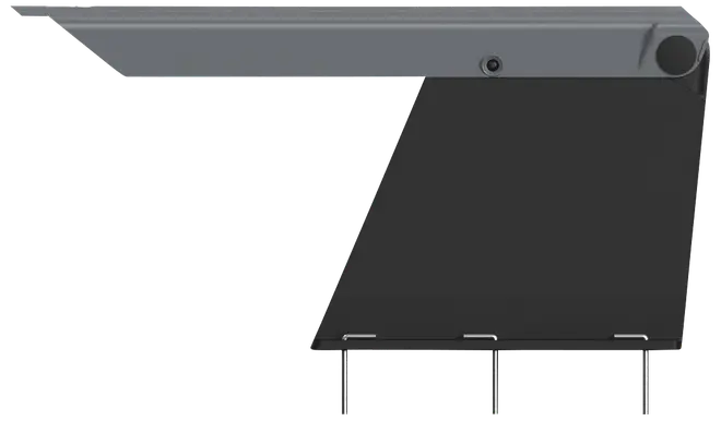 Udtrækkelig markise med grå metalramme og sort stofskærm, inkluderer støttearme og monteringsbeslag til installation på udendørs vægge, ideel til terrasser eller altaner.