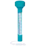 Flydende pooltermometer med blåt plastcover, tydelig temperaturskala i Celsius og Fahrenheit samt snor til fastgørelse ved poolkanten. Måler vandtemperatur i pool eller spa.
