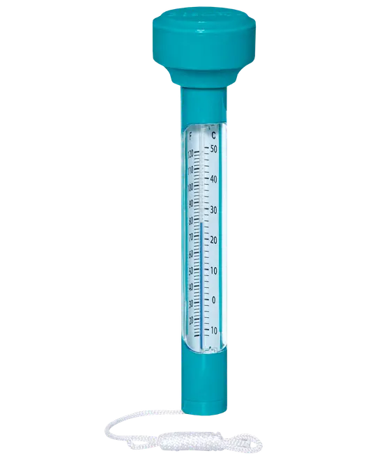Flydende pooltermometer med blåt plastcover, tydelig temperaturskala i Celsius og Fahrenheit samt snor til fastgørelse ved poolkanten. Måler vandtemperatur i pool eller spa.