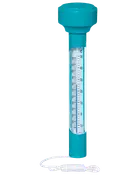 Flydende pooltermometer med blåt plastcover, tydelig temperaturskala i Celsius og Fahrenheit samt snor til fastgørelse ved poolkanten. Måler vandtemperatur i pool eller spa.