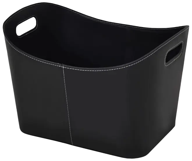 Rektangulær sort opbevaringskurv med hvid syning, lavet af kunstlæder. Har to udskårne håndtag på siderne. Moderne design, ideel til organisering af hjemmet eller kontoret.