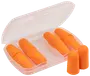 Fyra orange skumöronproppar i ett genomskinligt plastfodral, två öronproppar utanför. Utformade för bullerdämpning och bekväm passform i hörselgången.