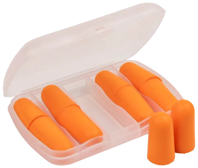 Fyra orange skumöronproppar i ett genomskinligt plastfodral, två öronproppar utanför. Utformade för bullerdämpning och bekväm passform i hörselgången.