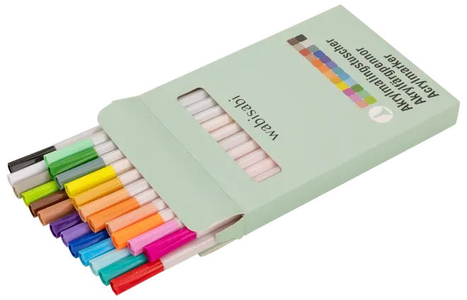 Sæt med 18 farvede tuscher i papæske. Indeholder mange klare farver, hver med hvidt skaft og farvet hætte. Velegnet til tegning og farvelægning.