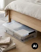 Gennemsigtig opbevaringsboks til under sengen med låg og sorte håndtag til sammenfoldede håndklæder, linned og tøj. - Billedet er skabt med AI