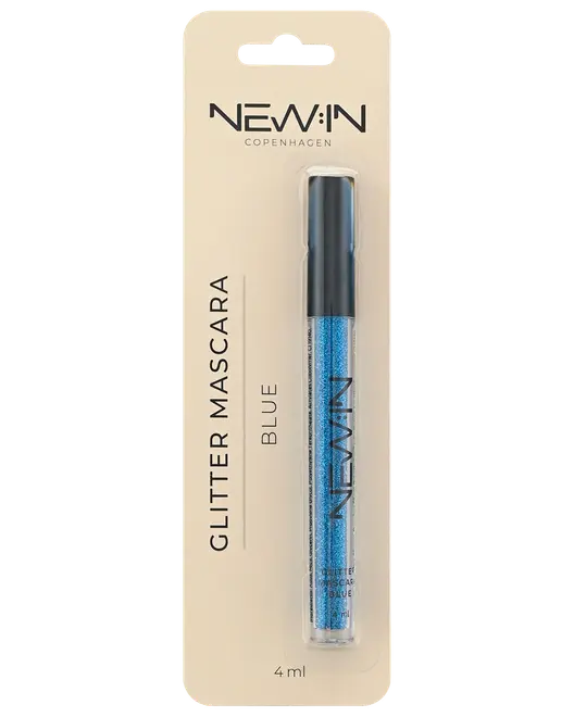 NEW:IN Copenhagen blå glittermascara i gennemsigtig tube på beige ophængskort, 4 ml.