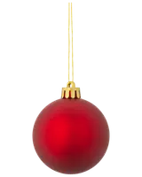 Rund röd julgranskula med matt yta, guldfärgad topp och upphängningssnöre. Klassisk och enkel dekoration, lätt och okrossbar.