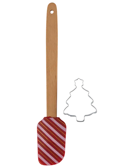 Sæt med en rød og hvid stribet silikone spatel med træhåndtag og en metal kageudstikker formet som et juletræ. Perfekt til julebagning og dekoration.