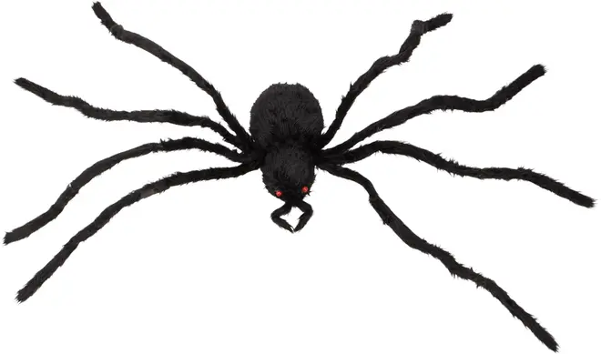 Stor svart spindeldekoration med åtta böjbara ben och två röda ögon. Realistisk, lätt och passar för Halloween eller festdekoration, både inomhus och utomhus.