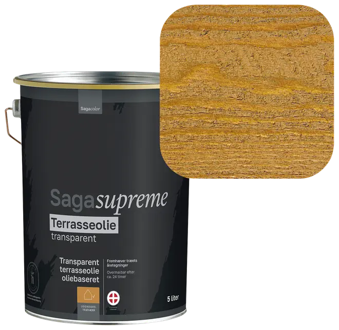 5-liters spand med transparent, oliebaseret terrasseolie. Fremhæver træets årer med naturlig finish. Til udendørs brug. Prøve viser varm, gyldenbrun træfarve.