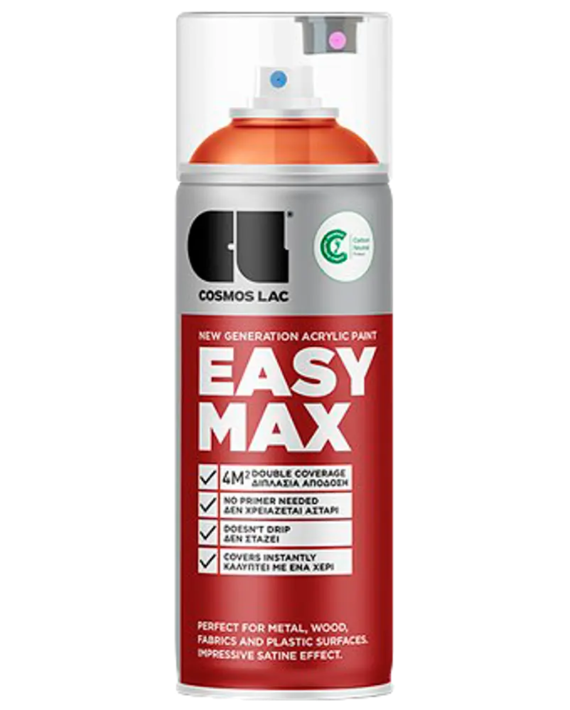 En spraydåse Cosmos Lac Easy Max akrylmaling, velegnet til metal, træ, stof og plast, giver dobbelt dækkeevne, kræver ingen primer, tørrer hurtigt og har satinfinish.