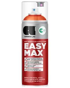 En spraydåse Cosmos Lac Easy Max akrylmaling, velegnet til metal, træ, stof og plast, giver dobbelt dækkeevne, kræver ingen primer, tørrer hurtigt og har satinfinish.
