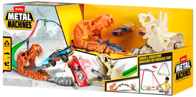 Zuru Metal Machines Smash & Crash Dino legesæt med dinosaur-skeletbane, to legetøjsbiler og affyringsrampe. Til børn fra 4 år. Indeholder interaktive dinosaurfunktioner.